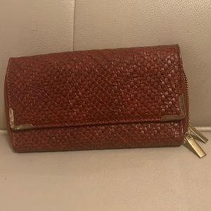 Wallet, brown woven.  Two zippered compartments